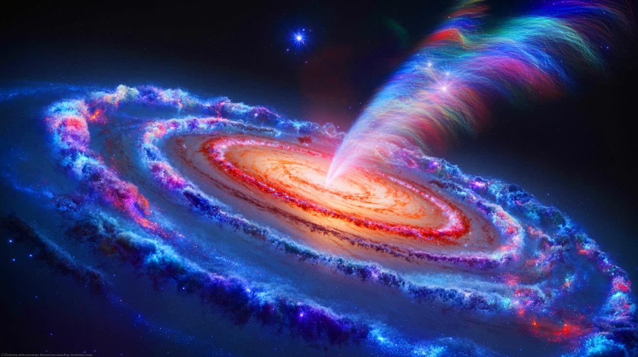 Illustration de la galaxie spirale 2MASX J23453268−0449256 avec ses jets radio géants.