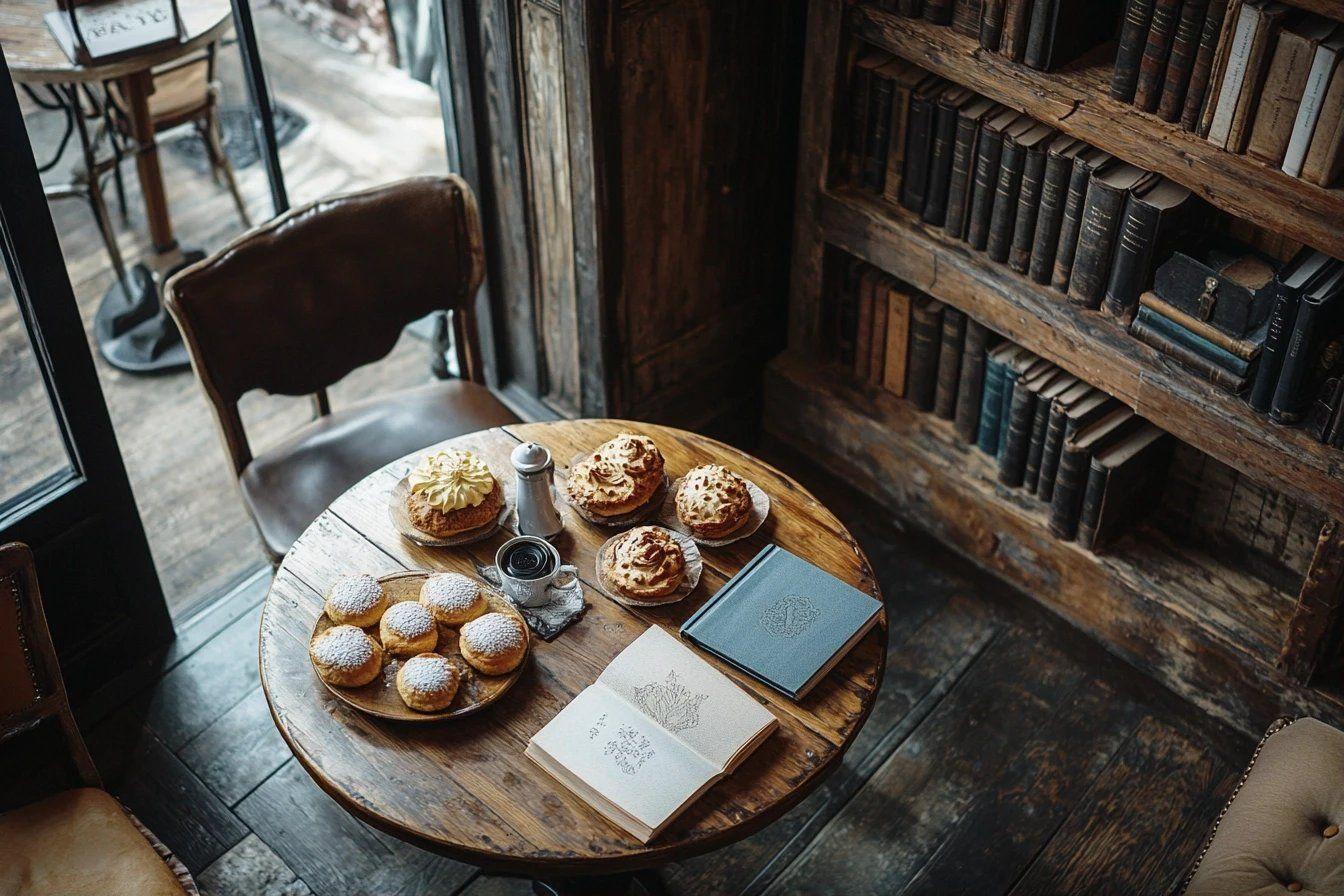 Table en bois avec pâtisseries, livres et chaise près de fenêtre