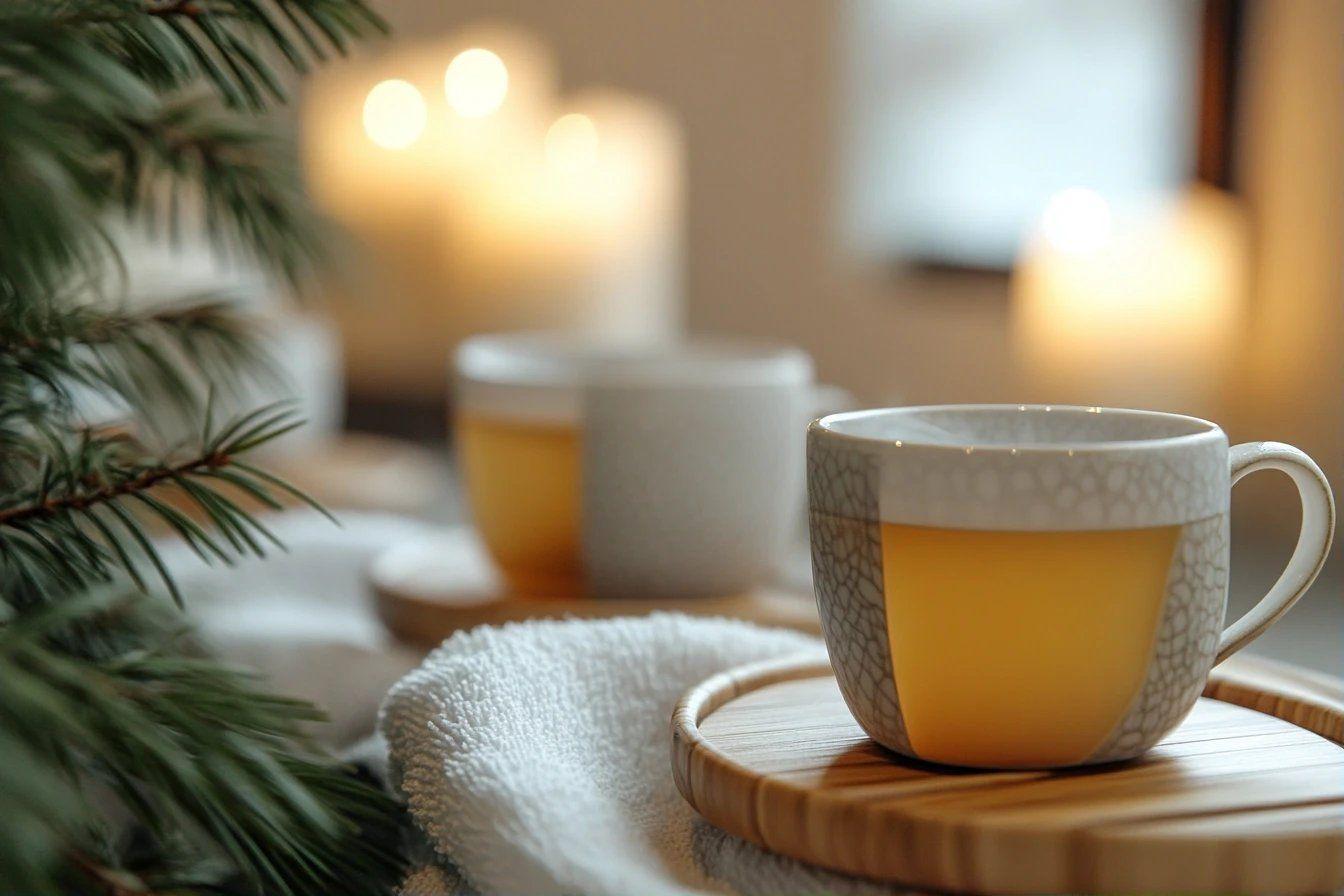 Tasse de thé sur support en bois près de branches de sapin