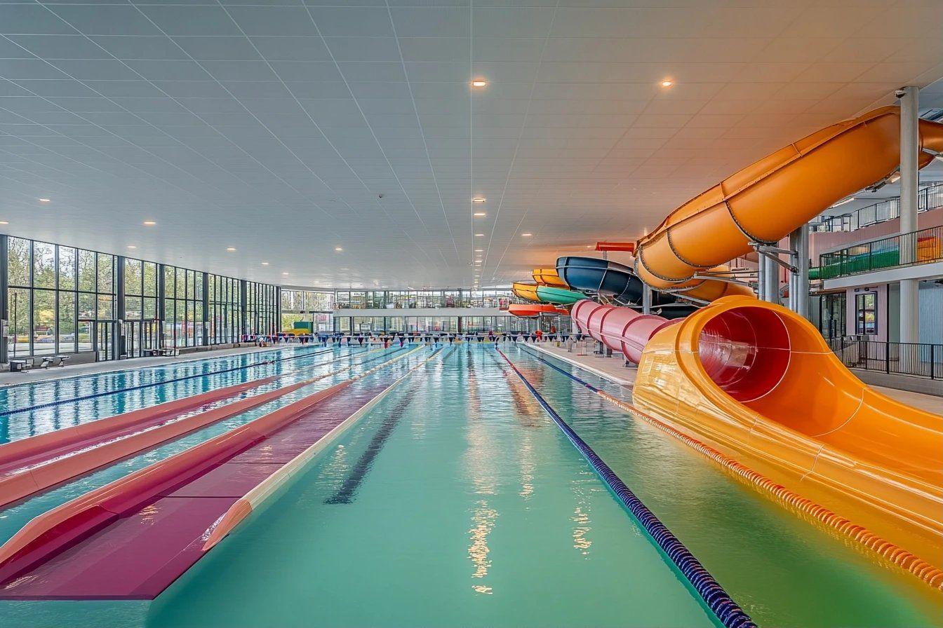 Piscine intérieure avec couloirs de nage et toboggans multicolores
