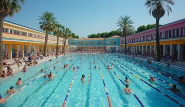 Grande piscine extérieure avec nageurs et palmiers