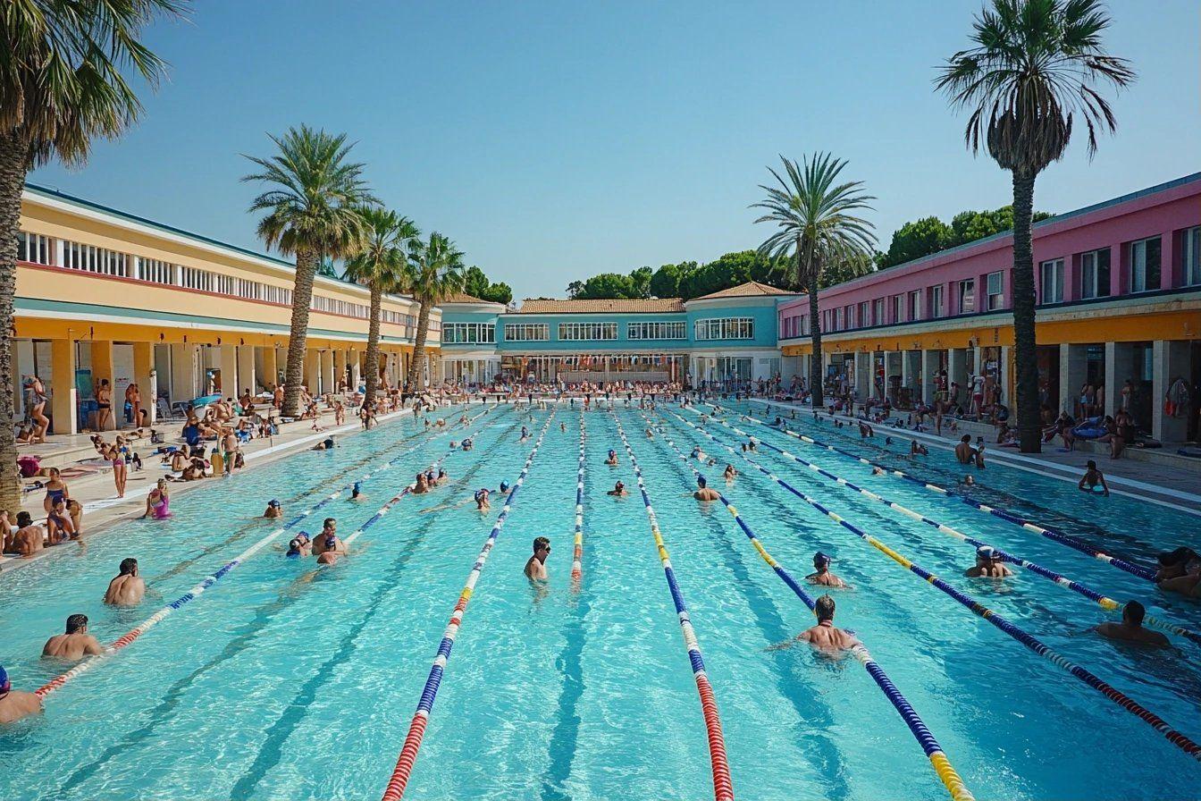 Grande piscine extérieure avec nageurs et palmiers