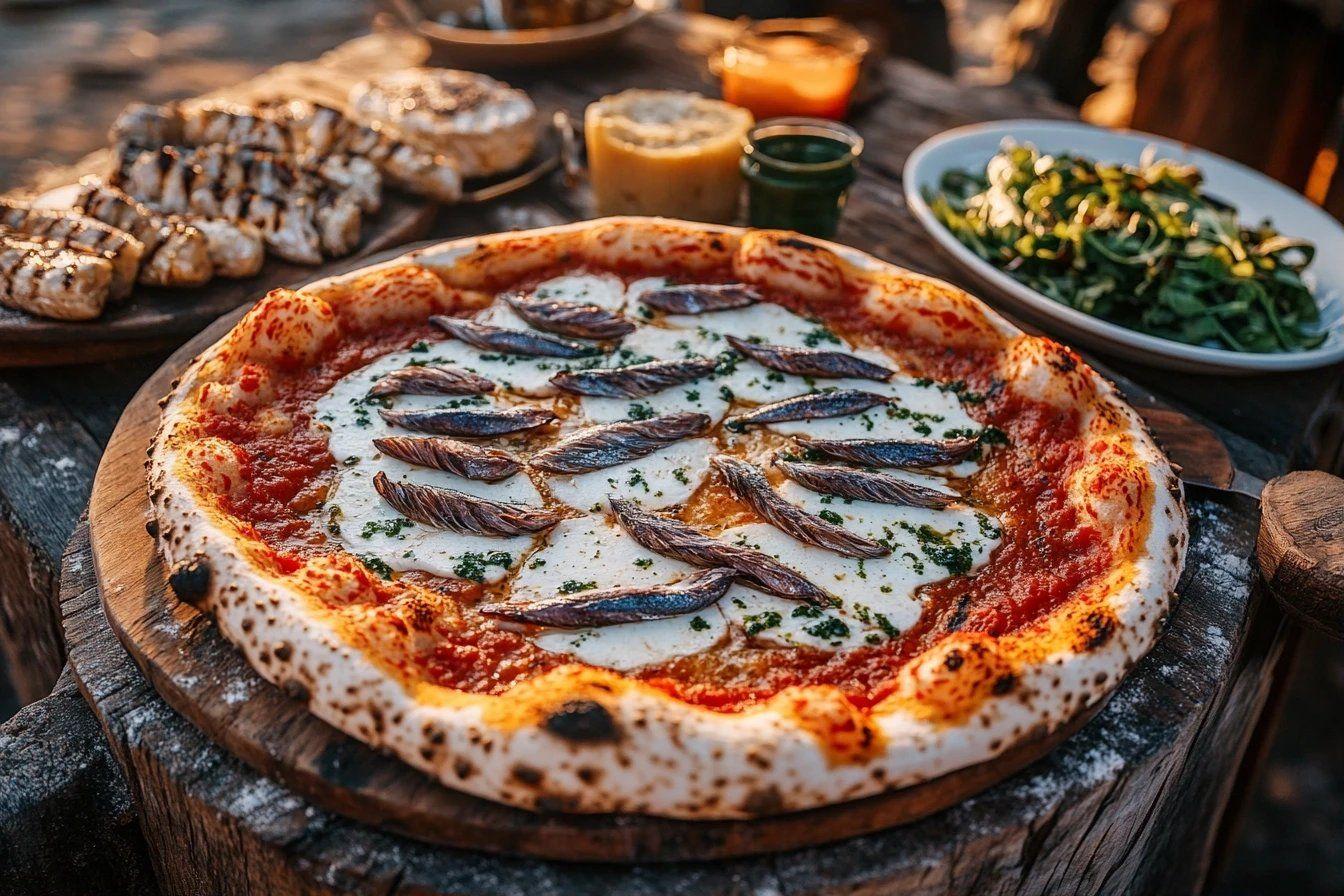 Pizza napolitaine aux sardines sur plateau en bois rustique