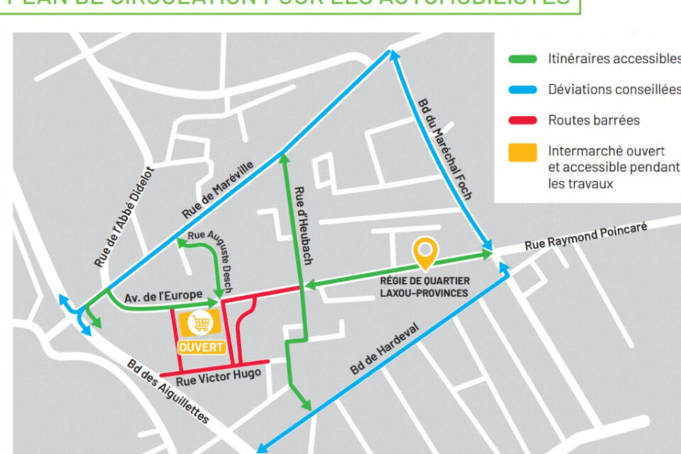 Le plan de circulation automobile durant les travaux avenue de l'Europe à Laxou.