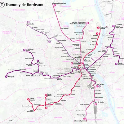 L'actuel réseau de tramways de la métropole de Bordeaux.