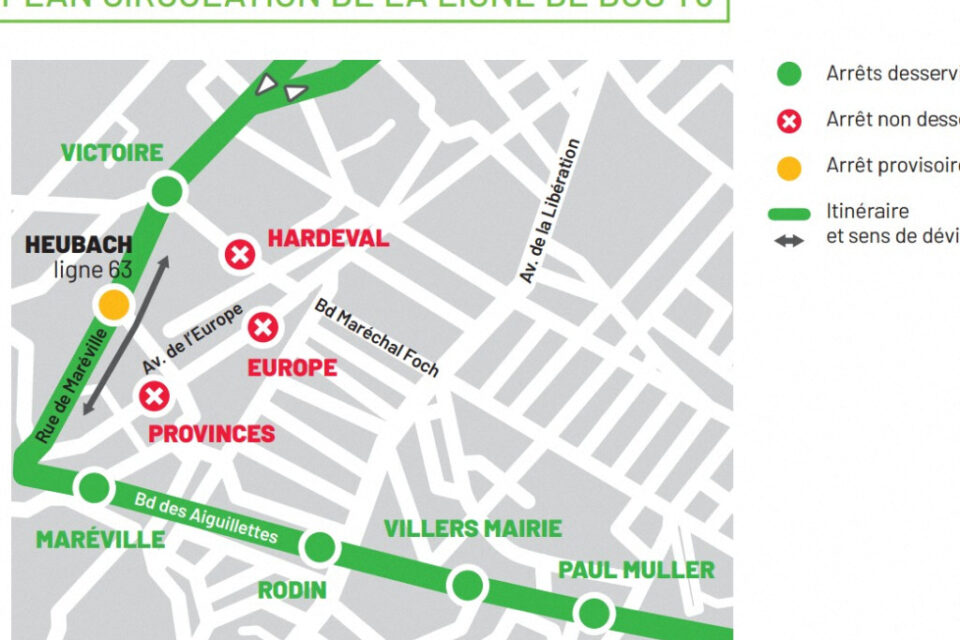L'itinéraire de la ligne T3 durant les travaux avenue de l'Europe à Laxou.