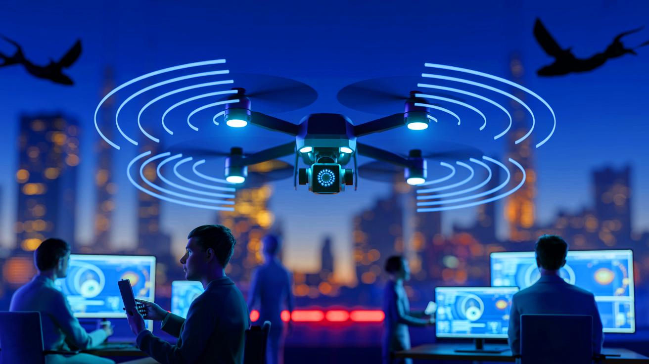 Illustration de drones inspirés des chauves-souris utilisant l'écholocalisation pour naviguer en environnement hostile.