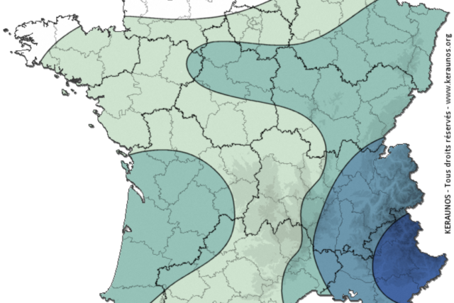 Mercredi, un temps orageux concernera les trois quarts sud du pays, avec une activité plus marquée entre sud de la vallée du Rhône, sud des Alpes et Corse. (© Carte Keraunos)