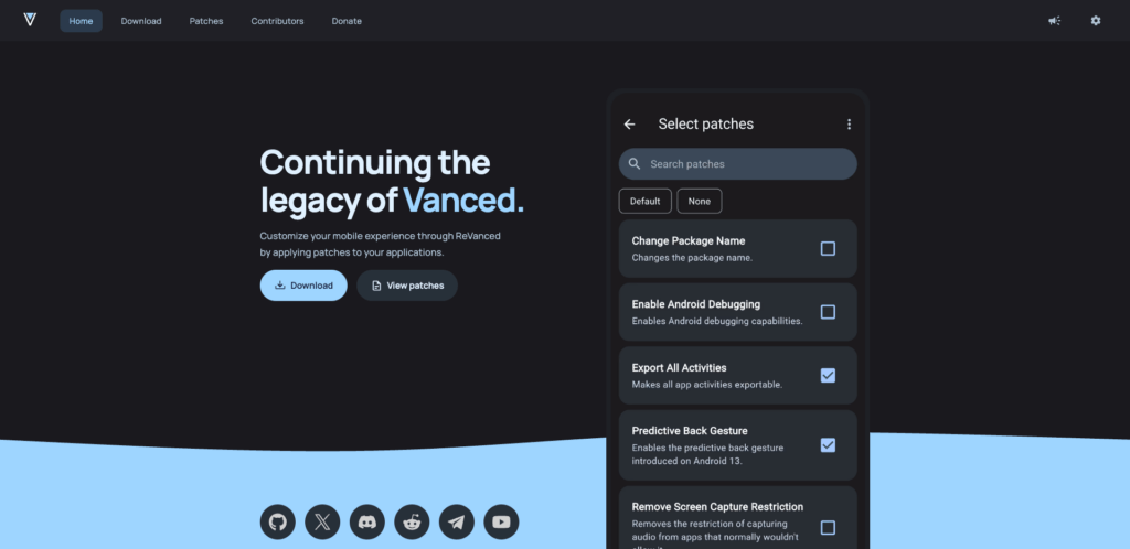 Le site de ReVanced, surtout connu pour son application YouTube crackée // Source : Capture Numerama