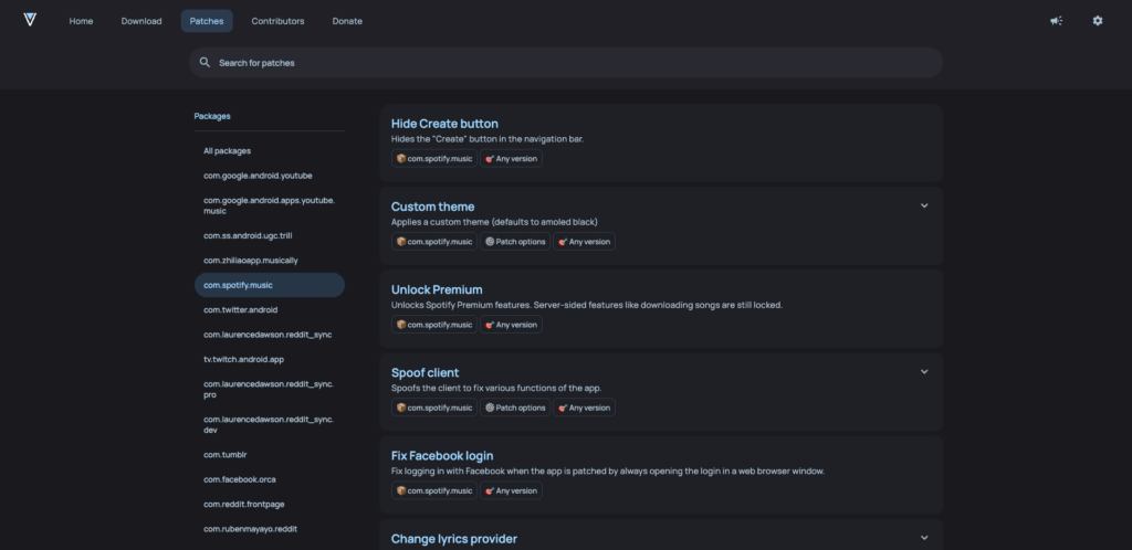 Parmi les patchs de ReVanced, il y en a un pour débloquer le Premium sur Spotify // Source : Capture Numerama