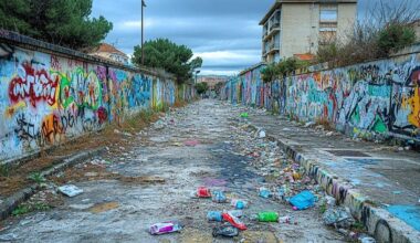 Passage étroit jonché de détritus entre des murs couverts de graffitis