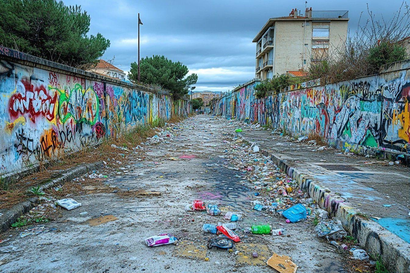 Passage étroit jonché de détritus entre des murs couverts de graffitis