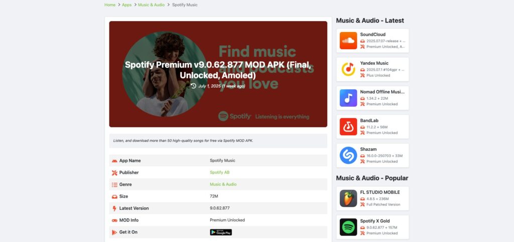 Sur les sites de téléchargement d'APK, le crack de Spotify est régulièrement mis à jour // Source : Capture Numerama