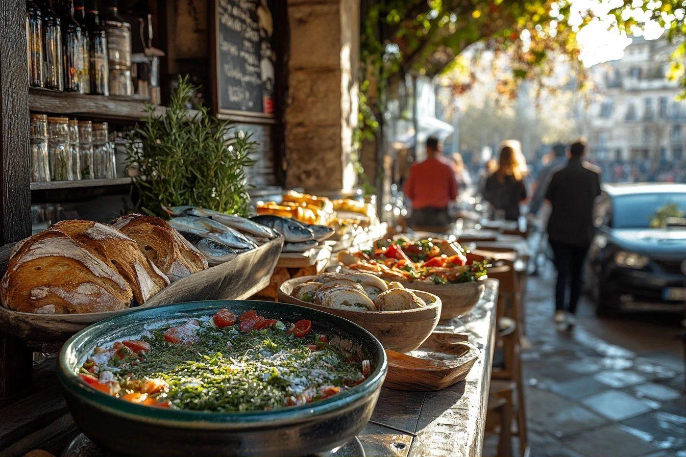 Étal de rue avec pain, poisson et légumes frais