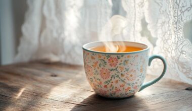 Tasse fleurie avec vapeur chaude sur table en bois