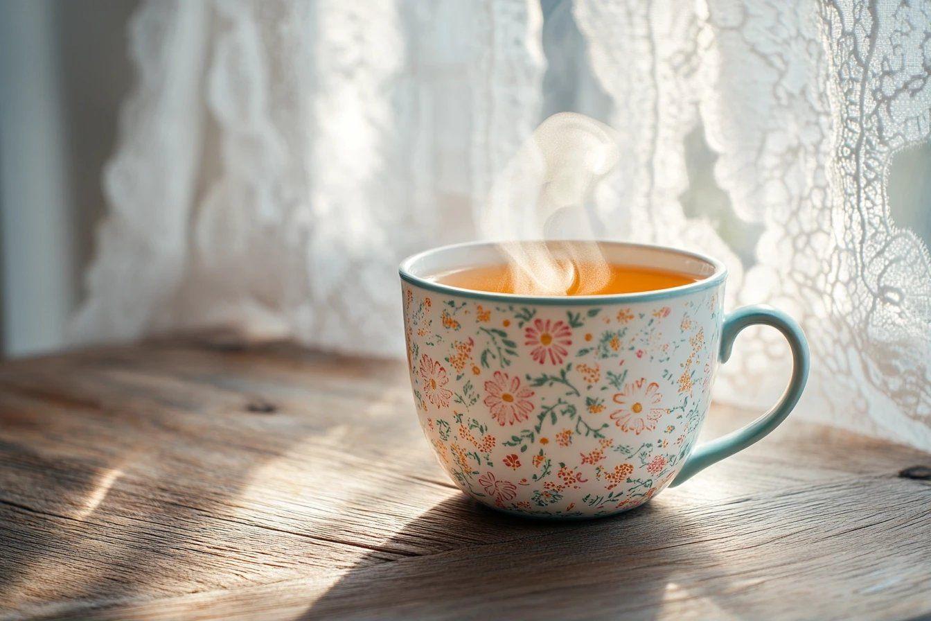 Tasse fleurie avec vapeur chaude sur table en bois