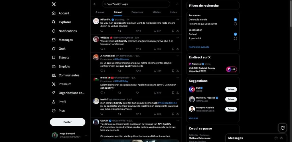Sur les réseaux sociaux, les internautes cherchent une nouvelle APK crackée dès que la précédente est bloquée // Source : Capture Numerama