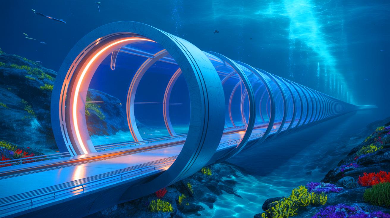 Illustration de la vision d'Elon Musk pour un tunnel transatlantique reliant l'Amérique à l'Europe.