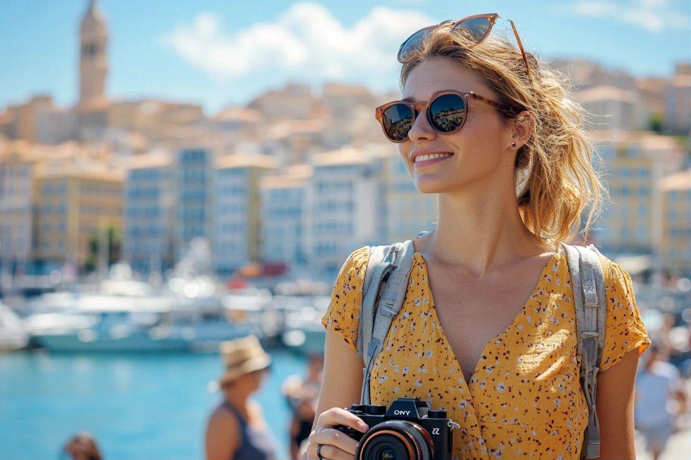 Femme en robe jaune avec appareil photo, lunettes de soleil