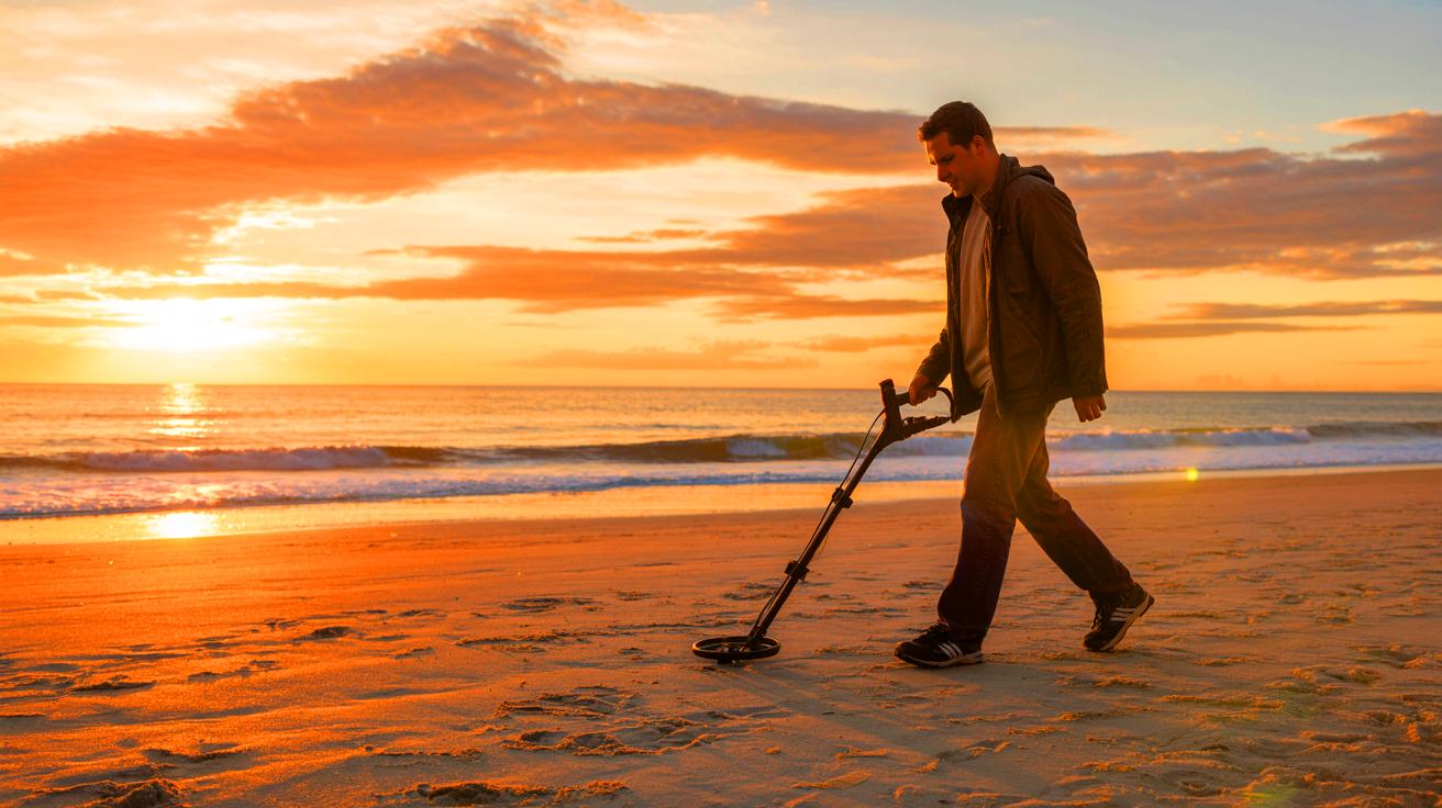 Illustration de Frédéric Martin utilisant son détecteur de métaux sur la plage du Butin à Honfleur.
