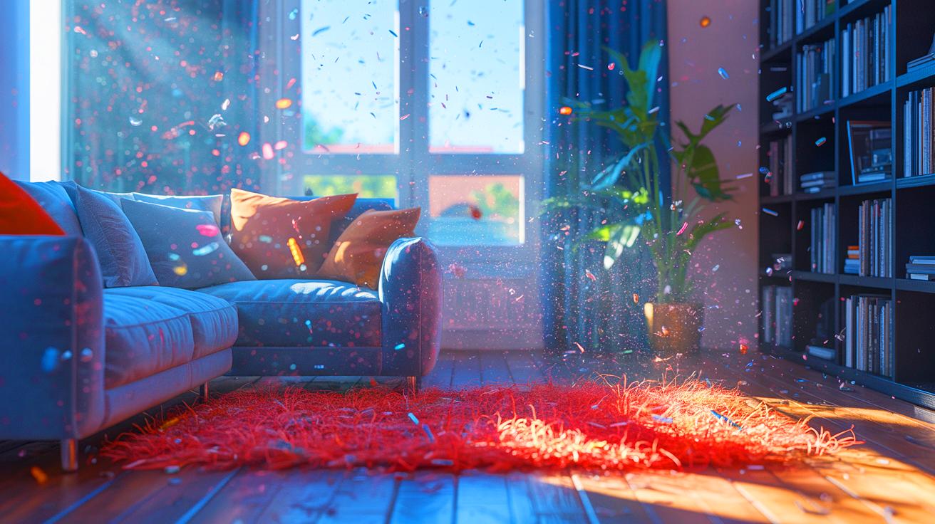 Illustration de la pollution microplastique invisible dans l'air intérieur de nos foyers.