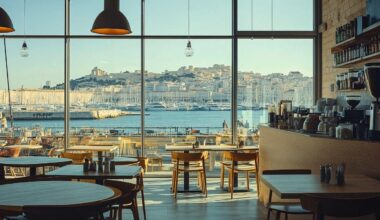 Café avec panorama sur marina et ville ensoleillée
