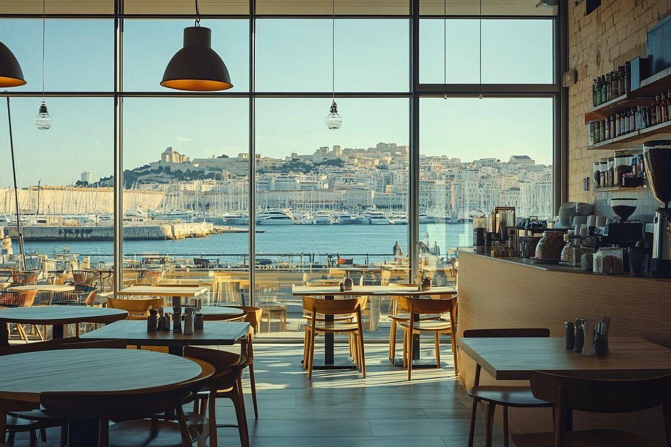 Café avec panorama sur marina et ville ensoleillée