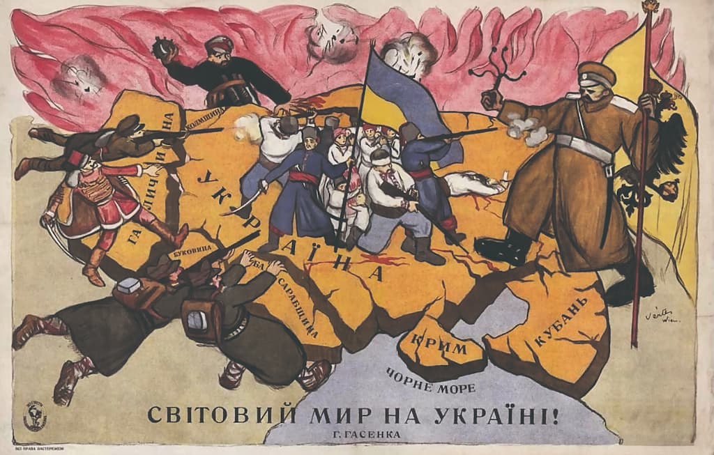 Ce dessin de 1919 est titré “la Paixmondiale en Ukraine”! Les Ukrainiens sont ici cernés au nord par les bolcheviques, les Russes blancs à l’est, et, à l’ouest, par les Polonais, les Hongrois et les Roumains… Photo © BRIDGEMAN IMAGES - WIKIMEDIA COMMONS