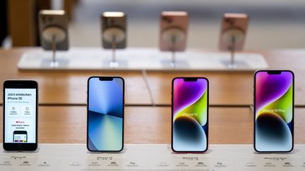 Différents modèles d'iPhone visibles dans un Apple Store à Berlin, en Allemagne, 12 juillet 2024. (MONIKA SKOLIMOWSKA / DPA / AFP)