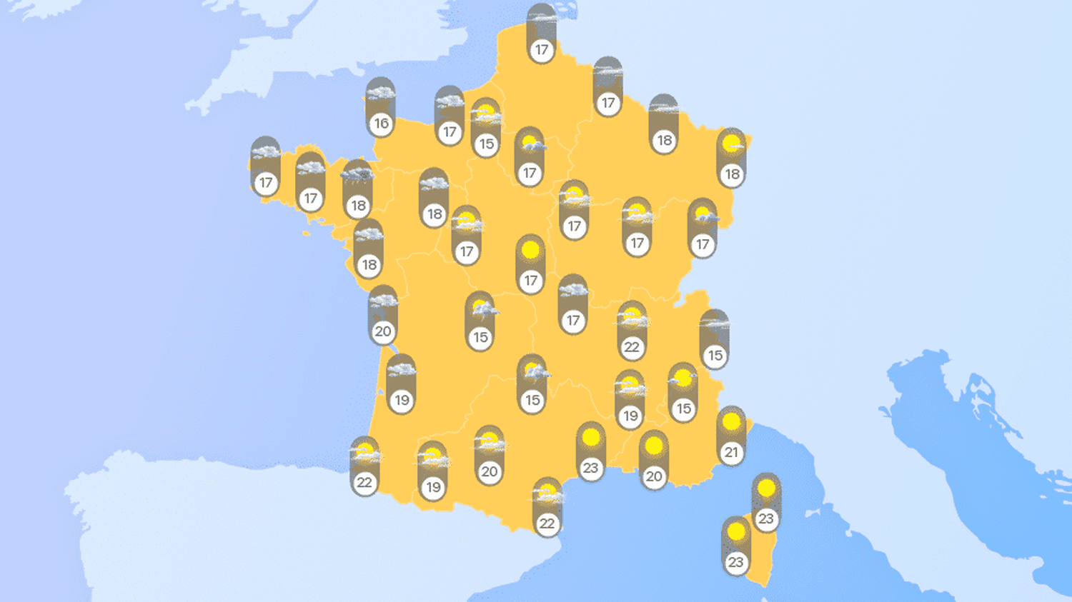des nuages, de la pluie et du soleil sont annoncés aujourd'hui