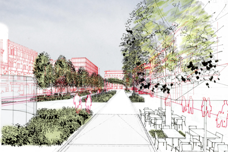 Un des scénarios possibles, mais non définitif, d’aménagement de la place Jeanne-d’Arc à l’horizon 2030.