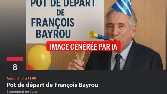 Le visuel généré par intelligence artificielle du « pot de départ de François Bayrou », événement Facebook humoristique ayant réuni plus de 101 000 inscrits.
