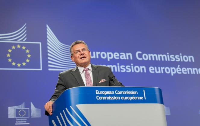 Maros Sefcovic, commissaire européen au commerce et à la sécurité économique, lors d’une conférence de presse sur les accords commerciaux UE-Mexique et UE-Mercosur, au siège de la Commission européenne, à Bruxelles, le 3 septembre 2025.