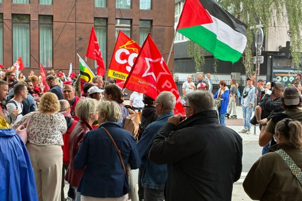 On croise aussi des drapeaux palestiniens.