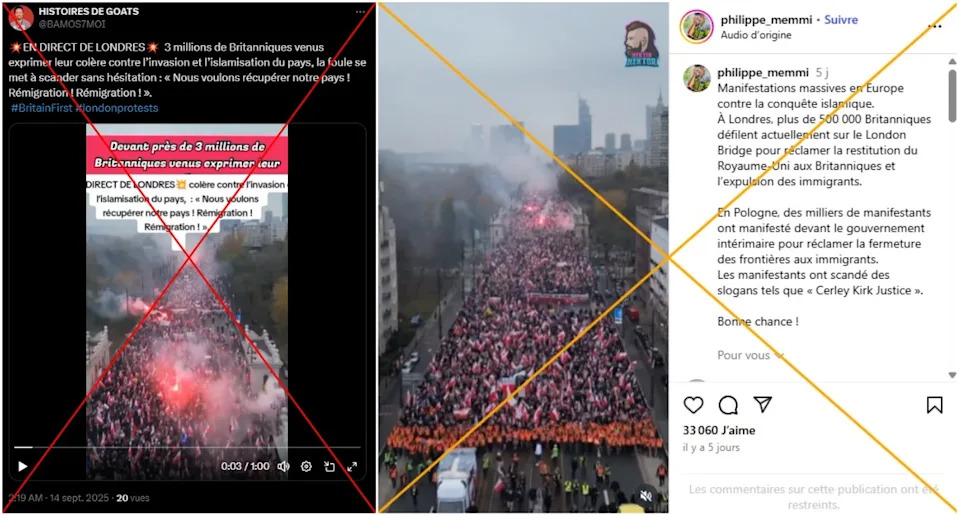 <span>Captures d'écran prises le 19/09/2025 sur X (à gauche) et Instagram (à droite). Croix rouge et orange ajoutées par l'AFP.</span>