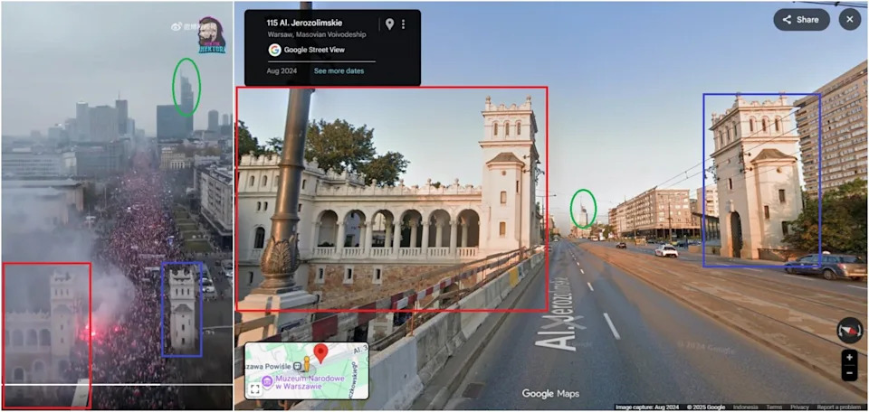 <span>Capture d'écran comparant la vidéo décontextualisée (à gauche) avec le pont Poniatowski sur Google Street View (à droite). Encadrés colorés ajoutés par l'AFP.</span>
