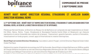 Benoît Rigot nommé directeur régional Strasbourg et Aurélien Banon directeur régional Reims - Bpifrance