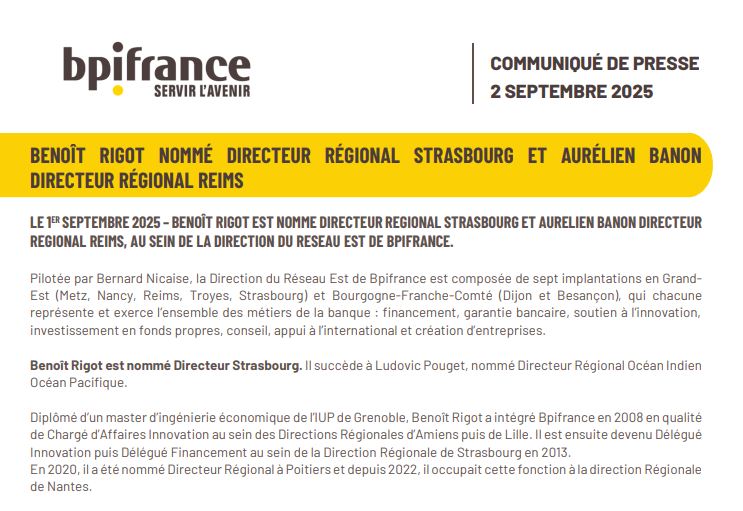 Benoît Rigot nommé directeur régional Strasbourg et Aurélien Banon directeur régional Reims - Bpifrance