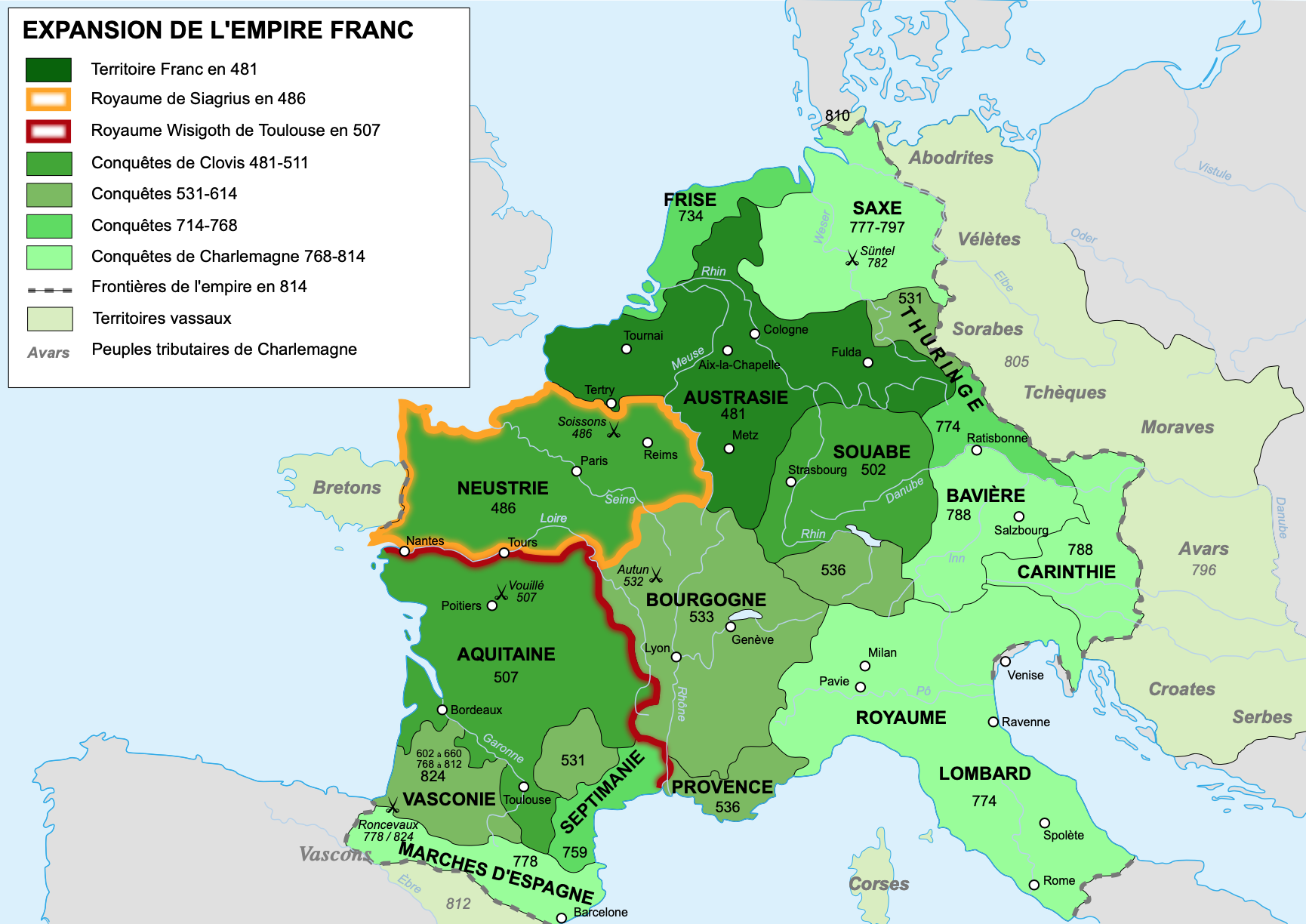 L'Austrasie en Europe occidentale © Sémhur - licence [CC BY-SA 3.0] from Wikimedia Commons