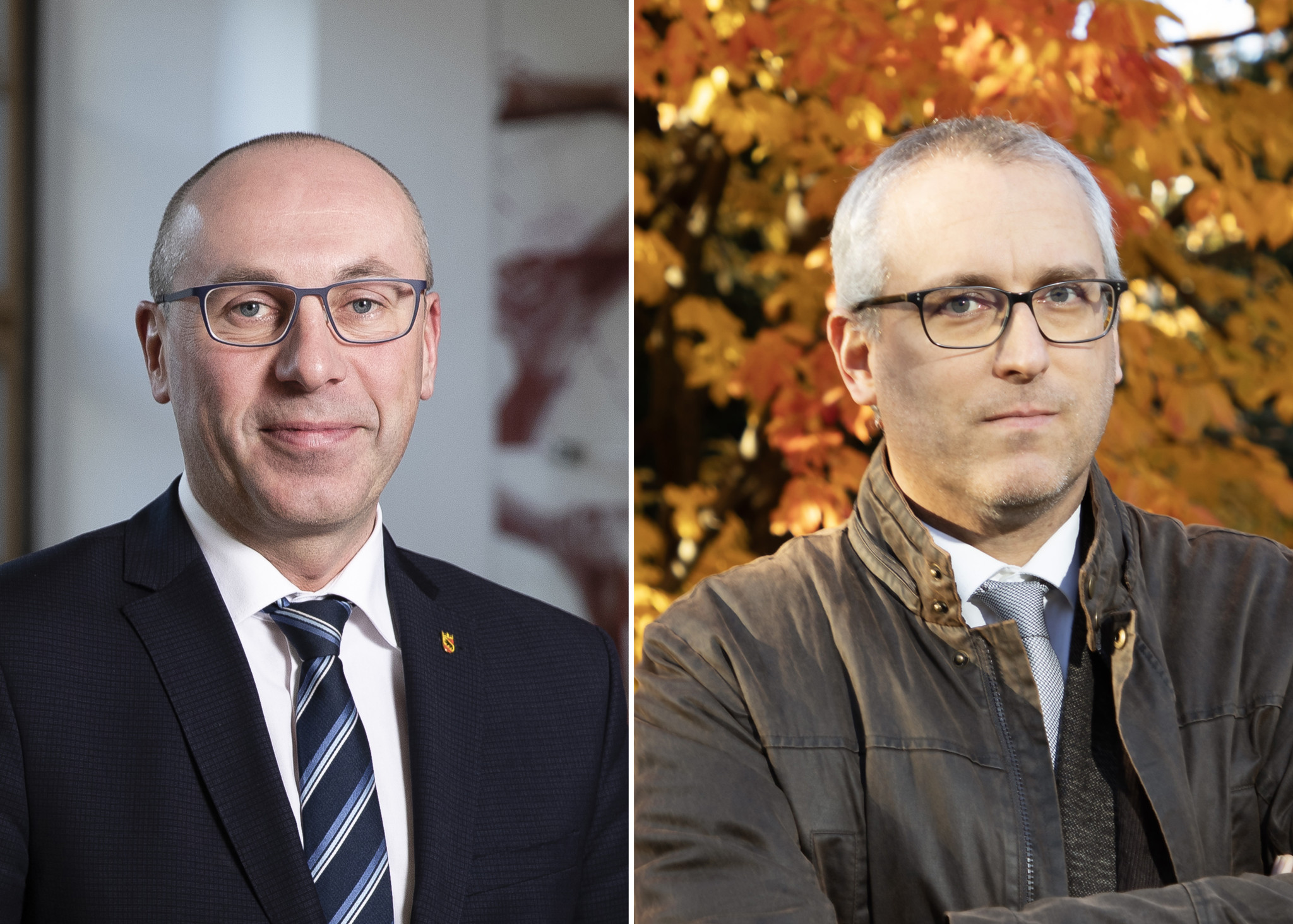 Manfred Bühler, chef de la SVP bernoise, en costume et cravate, et Albert Rösti, devant un arbre aux feuilles d’automne.