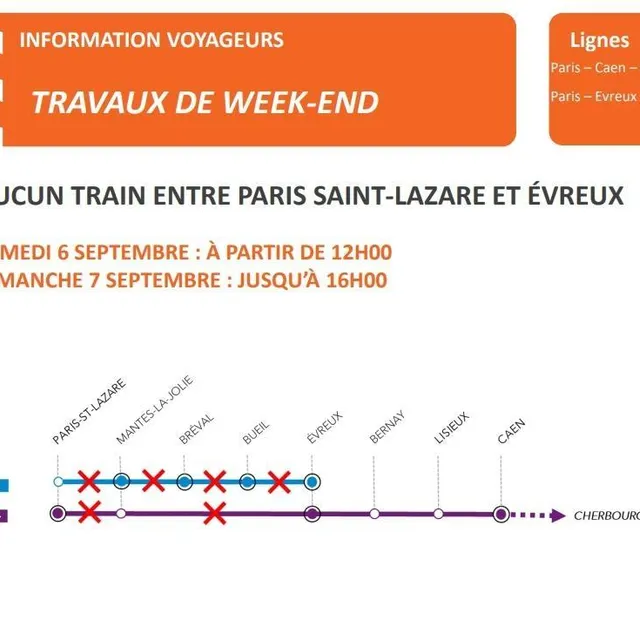 photo la circulation des trains sera perturbée entre paris-saint-lazare et évreux, ce week-end des 6 et 7 septembre 2025.  ©  capture d’écran sncf nomad