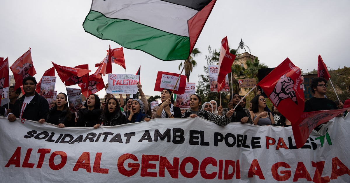 Hundreds of students from high schools and universities demonstrate in the city center in solidarity with Palestine during the strike day, in Barcelona, Spain, on November 16, 2023.(Photo by Marc Asensio/NurPhoto) (Photo by Marc Asensio / NurPhoto via AFP)