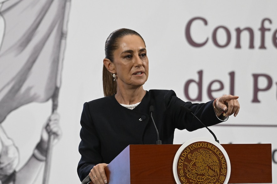 La présidente mexicaine Claudia Sheinbaum lors d'une conférence de presse à Mexico, le 26 août 2025