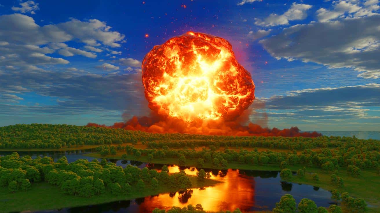 Illustration de l'explosion de l'astéroïde 2023 CX1 au-dessus de la Normandie.