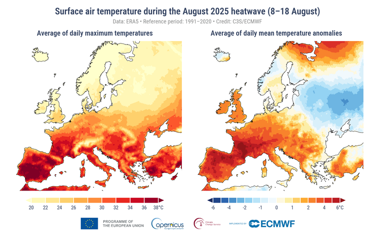 Les anomalies de température en Europe pour le mois d'août - Copernicus