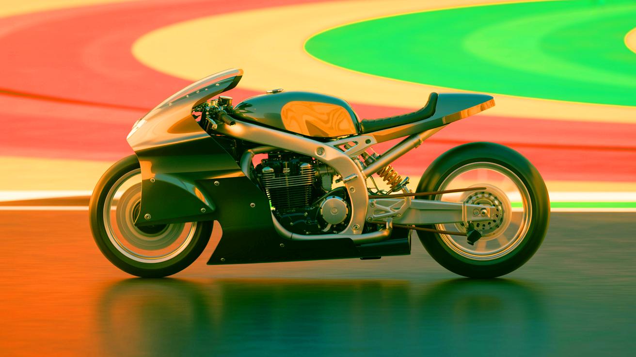 Illustration de la moto Kejashi avec son système de direction et d'ailes inclinables innovant.