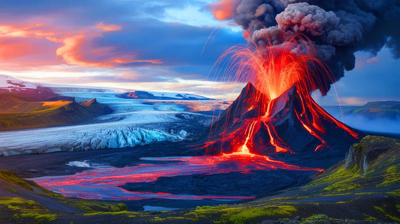 Illustration de l'éruption de Sundhnukagigar, une fissure volcanique active en Islande.