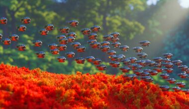 Illustration de robots coordonnés imitant les comportements collectifs des oiseaux, poissons et abeilles.