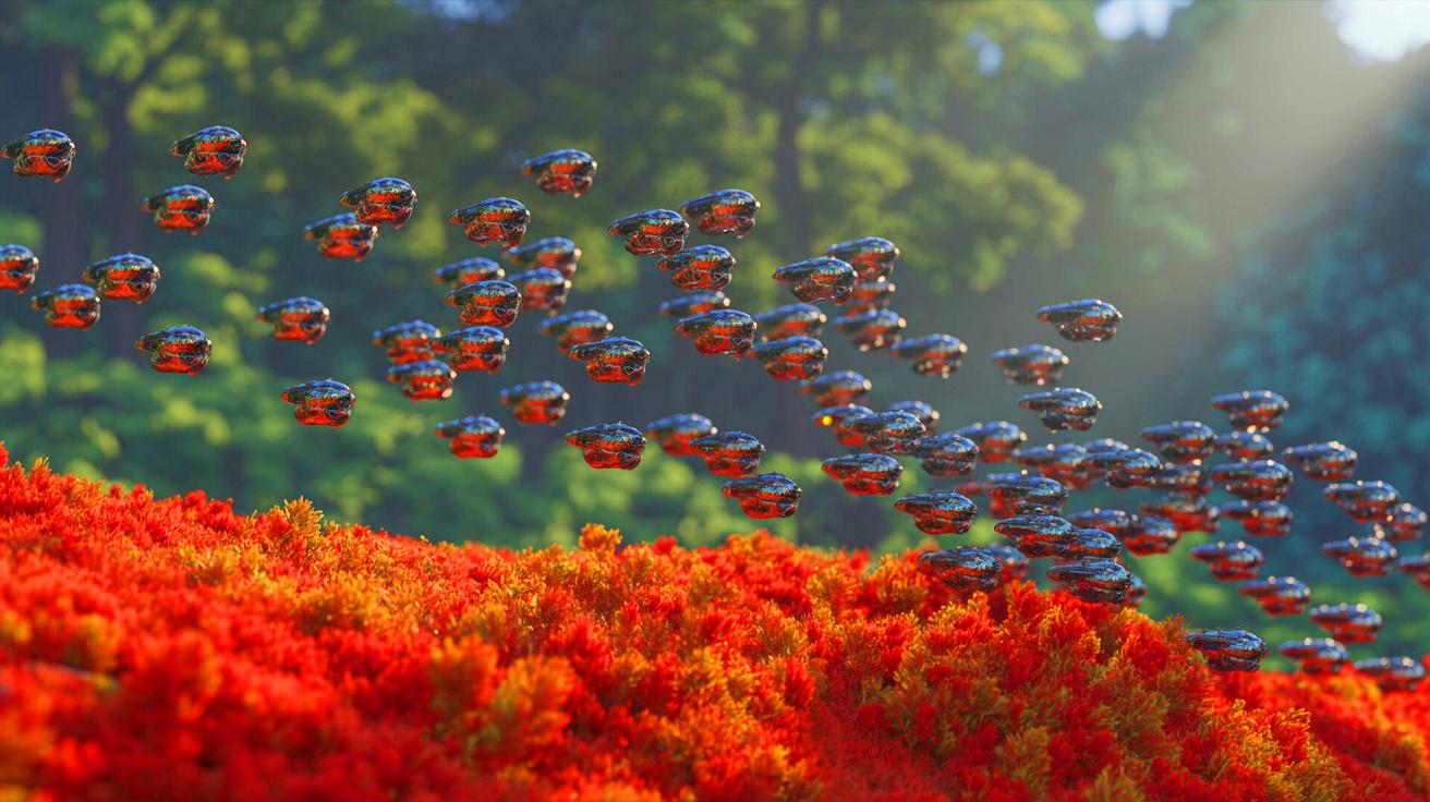 Illustration de robots coordonnés imitant les comportements collectifs des oiseaux, poissons et abeilles.