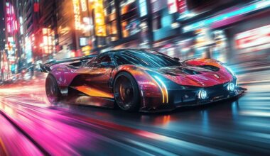 Voiture futuriste en mouvement avec lumières colorées urbaines